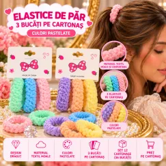 Elastice de Păr Pufoase Împletite Pastel - Set 12 Cartonașe (36 Bucăți)