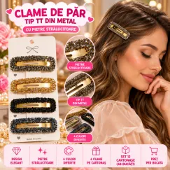 Clame de Păr Tip TT din Metal cu Pietre Strălucitoare - Set 12 Cartonașe (48 Bucăți)