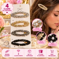 Clame de Păr Tip TT din Metal cu Pietre Strălucitoare și Perle - Set 12 Cartonașe (48 Bucăți)