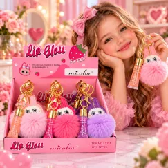 Luciu de Buze cu Breloc Iepuraș și Pompon Pufos Micolor L5191 - Set 12 Bucăți