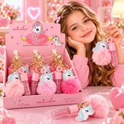 Luciu de Buze cu Breloc Unicorn și Pompon Pufos Micolor L5177 - Set 12 Bucăți