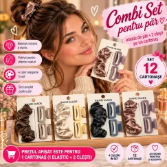Combi Set Accesorii de Păr cu Elastic Satinat și Cleștișori - Set 12 Cartonașe (36 Bucăți)