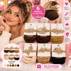 En-gros Set Accesorii de Păr cu Clamă Metalică și 6 Elastice - Set 12 Cartonașe (72 Elastice și 12 Clame) - vânzare en-gros pentru revânzare