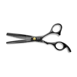 Foarfecă de filat neagră din inox, cu dinți uniformi pentru texturare și maner ergonomic pentru control fluid