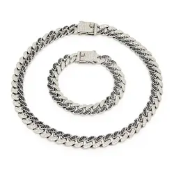 Set lanț și brățară Cuban argintiu cu cristale albe și negre