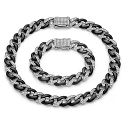 Set lanț și brățară Cuban bicolor negru–argintiu cu microcristale