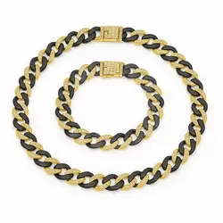 Set lanț și brățară Cuban bicolor negru-auriu cu cristale