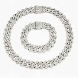 Set lanț și brățară Cuban lat argintiu pavé cu microcristale