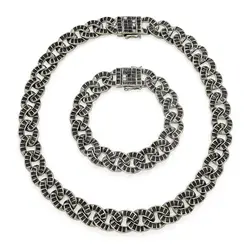 Set lanț și brățară model Cuban metal argintiu închis