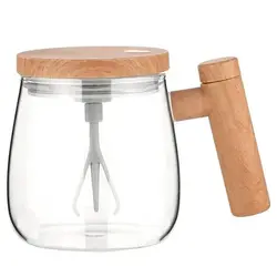 Cană electrică cu amestecare automată 400 ml din sticlă cu capac din lemn și încărcare USB