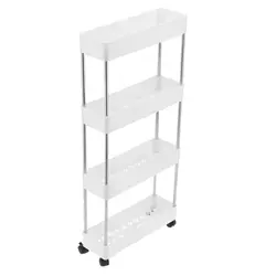 Etajeră mobilă îngustă cu 4 rafturi și roți, albă, 40.5×22.5×87 cm