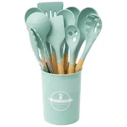 Set de ustensile de bucătărie din silicon verde cu mânere din lemn și suport