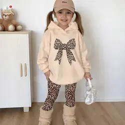 Set haine fete cu hanorac și colanți kaki, imprimeu leopard și fundă, mărimi 4–14 ani, set 6 bucăți