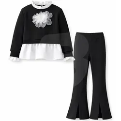 Compleu fete elegant negru cu bluză și pantaloni evazați, set en-gros 6 bucăți, mărimi 4–14 ani