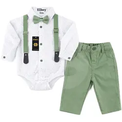 Costum bebeluși băiat verde 3 piese pantaloni body și bretele