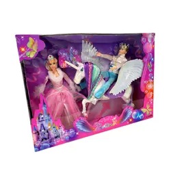 Set Complet de Joacă „Regatul Magic”, Include Păpușă Prințesă, Figurină Prinț și Cal Unicorn cu Coamă Lungă, Dimensiuni 30 cm, Multicolor