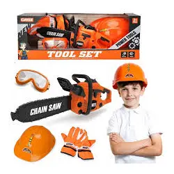 Drujbă Electrică de Jucărie pentru Copii, Sunete Realiste, Mișcare Rotativă și Echipament de Protecție Inclus (Cască și Ochelari)