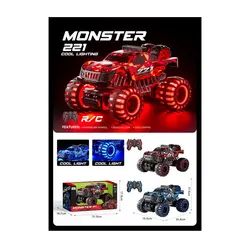 Mașină Monster cu telecomandă 2,4GHz, LED roșu, roți mari off-road