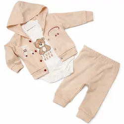 Compleu băieți din bumbac subțire Teddy Bear bej deschis body hanorac pantaloni