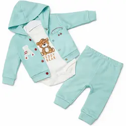 Compleu băieți din bumbac subțire Teddy Bear turcoaz deschis body hanorac pantaloni