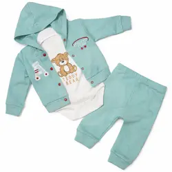 Compleu băieți din bumbac subțire Teddy Bear verde mentă body hanorac pantaloni