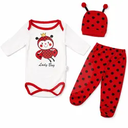 Compleu bebeluși din bumbac Lady Bug body pantaloni căciuliță