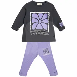 Compleu fete subțire 2 piese cu bluză gri antracit și pantaloni lila, set 6 bucăți, 3–10 ani