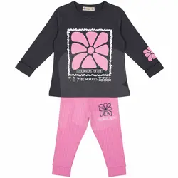 Compleu fete subțire 2 piese gri antracit cu roz, bluză cu mânecă lungă și pantaloni, set 6 bucăți, 3–10 ani