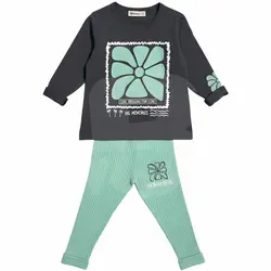 Compleu fete subțire 2 piese cu bluză gri antracit și pantaloni verde mentă, set 6 bucăți, 3–10 ani