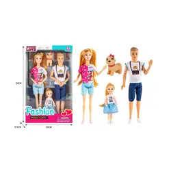 Set Complet Păpuși „Familia la Plimbare”, Include Păpușă Mamă, Păpușă Tată, Copil și Figurină Cățel, Dimensiuni 30 cm, Multicolor