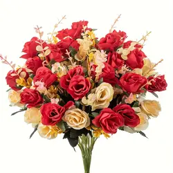 Buchet de Trandafiri Artificiali cu 5 Capete, Mix de Culori Crem-Roșu, Înălțime 35 cm