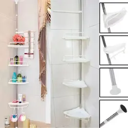 Etajeră Telescopică de Colț pentru Baie, Înălțime Reglabilă până la 260 cm, 4 Rafturi cu Scurgere, Metal și Plastic, Alb