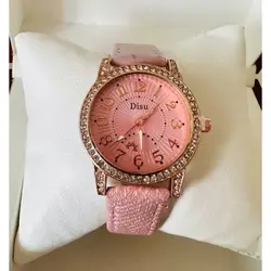 Ceas damă cu curea din piele roz și cristale decorative