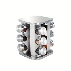 Set 12 recipiente pentru condimente cu suport rotativ din inox și sticlă