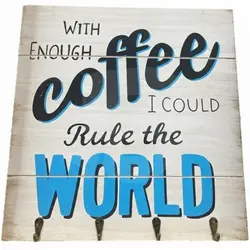 Tablou decorativ cu cuier 40 x 40 cm, mesaj motivațional Coffee World