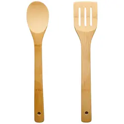 Set Ustensile de Bucătărie din Bambus Natural, Lingură și Paletă cu Fante, 30 cm