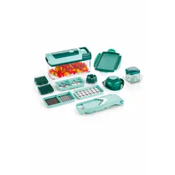 Set Multifuncțional Răzătoare și Feliator Nicer Dicer Plus, Model 12 Accesorii, Tăiere Cuburi/Felii/Julienne, Recipient Inclus