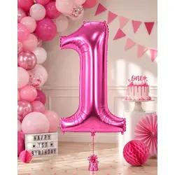 Balon din folie de aluminiu, Cifra 1, Roz metalizat, înălțime 81 cm (32 inch)