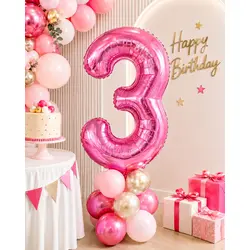 Balon din folie de aluminiu, Cifra 3, Roz metalizat, înălțime 81 cm (32 inch)