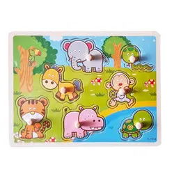 Puzzle din Lemn Încastru cu Pioneze, Model Savana și Animale Sălbatice, Joc Educativ pentru Copii