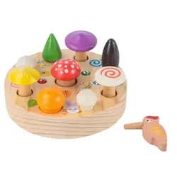 Joc Educativ din Lemn tip Montessori pentru Copii, Model Ciupercuță cu Viermi Magnetici