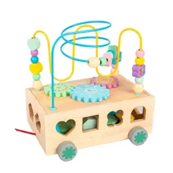 Jucărie din Lemn pentru Copii tip Montessori cu Roți și Ață de Tras, Sortator de Forme Geometrice, Vehicul Educativ și Interactiv pentru Bebeluși