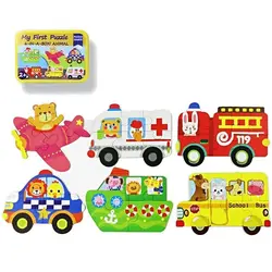 Set 6 Puzzle-uri din Lemn pentru Bebeluși, Modele Vehicule și Transport în Cutie Metalică