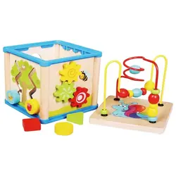 Set Labirint Mărgele și Cutie 4-în-1 Jocuri din Lemn, Centru de Activități tip Montessori, Jucărie Educativă și Interactivă pentru Bebeluși și Copii Mici