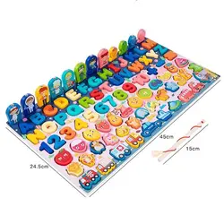 Tablă Montessori 6 în 1, Puzzle Educativ din Lemn cu Pescuit Magnetic