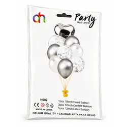 Set Complet cu Baloane din Folie și Latex, 9 Baloane, Argintiu