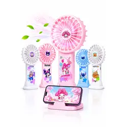 Ventilator Portabil Reîncărcabil USB cu Suport pentru Telefon, Design Personaje Kawaii, 3 Trepte de Viteză și Baterie Integrată