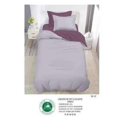 Lenjerie de Pat Single din Finet Super Design Pucioasa, 4 Piese, Cearceaf de Pat cu Elastic 140 x 200 cm, Bicolor Mov/Lila, Model SE-07