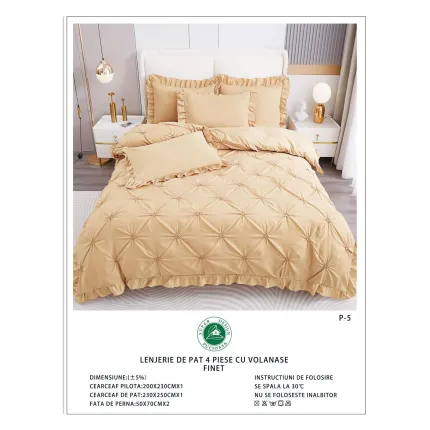 Lenjerie de Pat Dublu din Finet Premium Pucioasa, 4 Piese, cu Pliuri Brodate și Volane, Cearceaf Clasic, Bej / Crem Cald, Model P-5