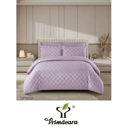 Lenjerie de Pat Dublu din Damasc Premium, 4 Piese, Cearceaf de Pat cu Elastic 180x200 cm, Model Pătrățele Mov